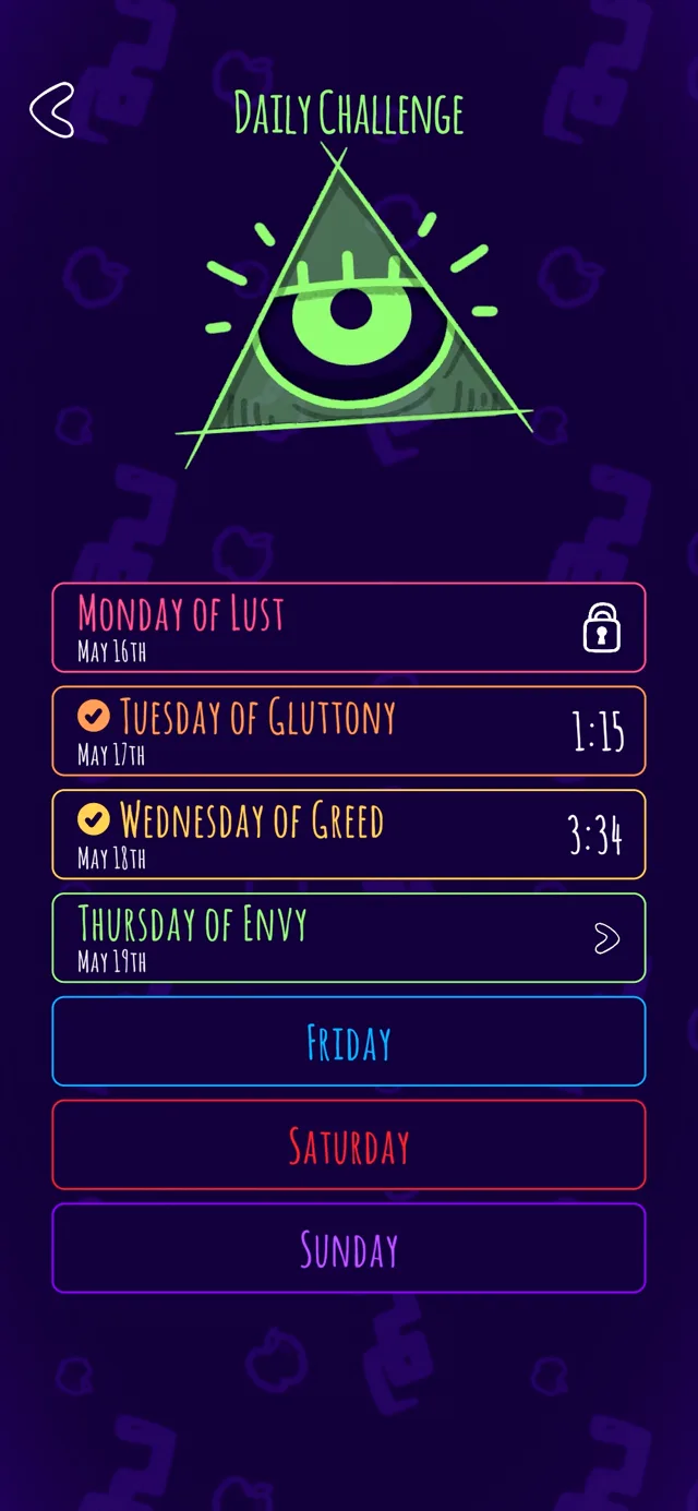 Broki daily challenge screen listing the week, with Monday of Lust, Tuesday of Gluttony and Wednesday of Greed